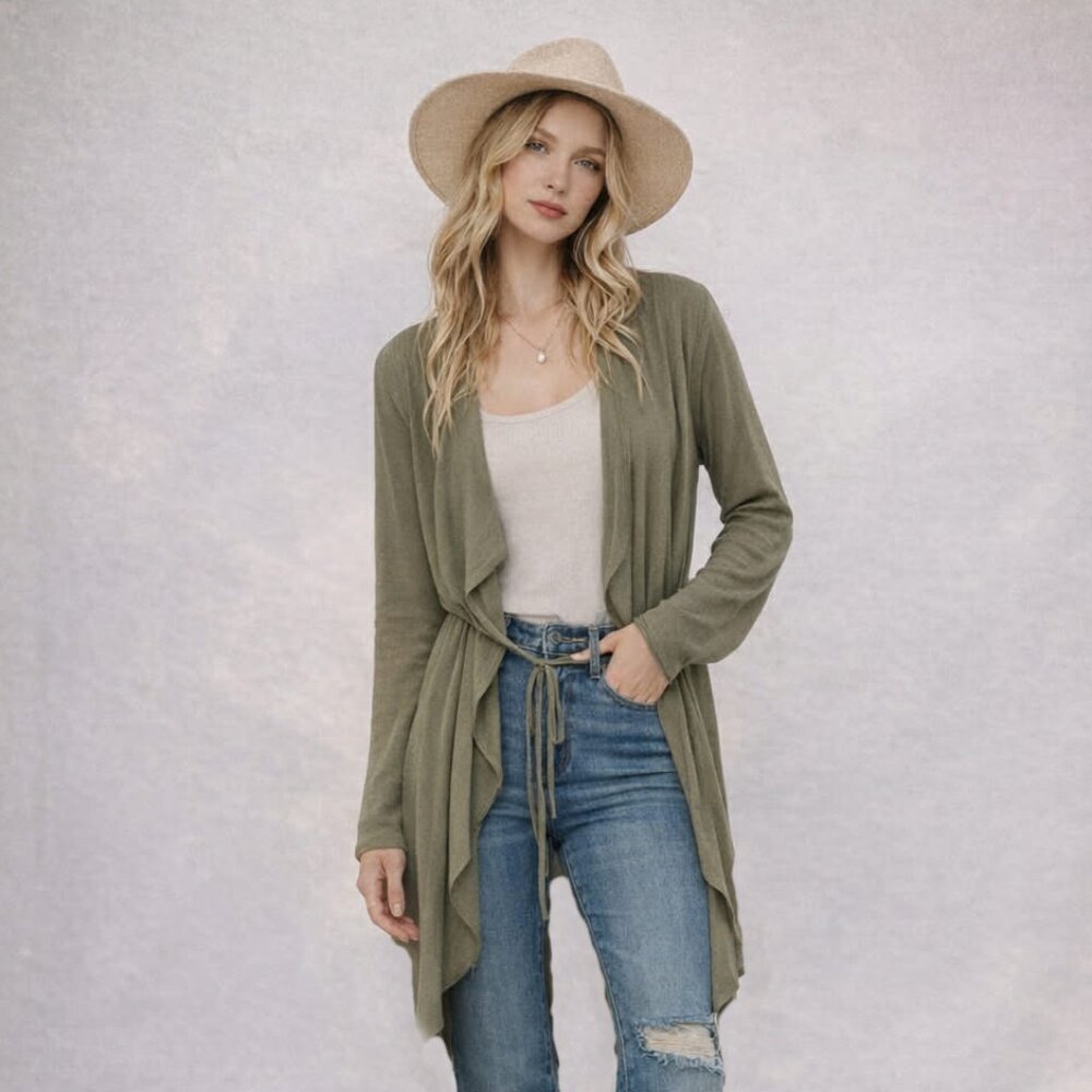 Olive Green Open Front Waterfall Cardigan with ribbed body